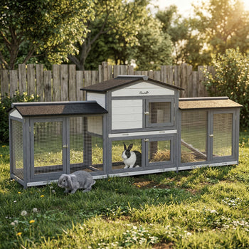 90.5" Wooden Rabbit Hutch Bunny Cage Pet Playpen House Enclosure with Double Side Run Boxes, No Leak Tray, Ramp, for Rabbits, Chickens, Ducks, Guinea Pig and Small Animals, Light Gray