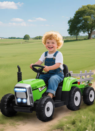 12V Ride on Tractor with Trailer, 25W Dual Motors, Battery Powered Electric Tractor with Remote Control, Green