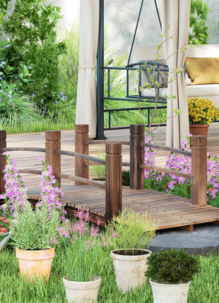 Fir Wood Garden Bridge Arc Walkway with Side Railings for Backyards, Gardens, and Streams, Stained Wood, 60" x 26.5" x 19"