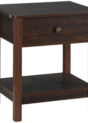 End Table with Drawer, Side Table with Top and Bottom Shelf for Small Spaces, Dark Brown