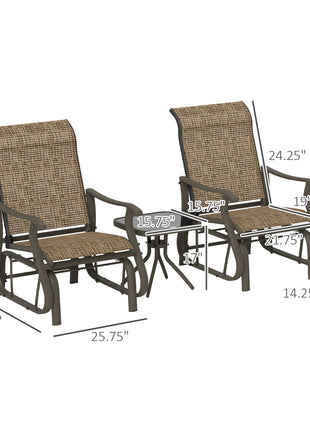 3-Piece Outdoor Gliders Set Bistro Set with Steel Frame, Tempered Glass Top Table for Patio, Garden, Light Mixed Brown