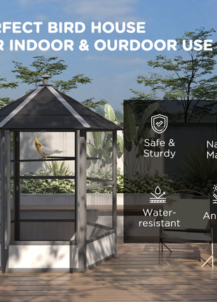 69" Wooden Hexagonal Outdoor Aviary Flight Bird Cage With Covered Roof, Light Gray