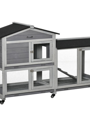 62" Wooden Mobile Rabbit Hutch with Wheels, Run Box, Slide-out Tray, Ramp