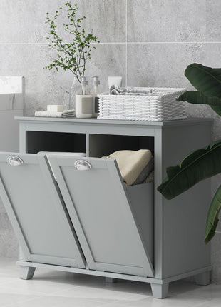 Dual Tilt out Laundry Hamper Cabinet, Bathroom Storage Cabinet with 2-Compartment Hamper, Modern Bathroom Floor Cabinet for Washroom, Gray