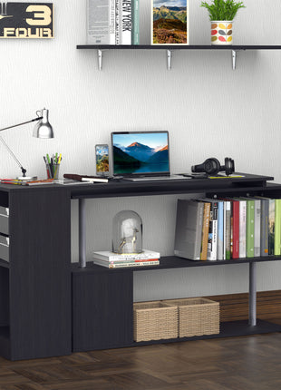 55" 360° Rotating Corner Computer Desk Modern L-Shaped Home Office Workstation with 3-Tier Storage Shelves, Bookshelf, Black