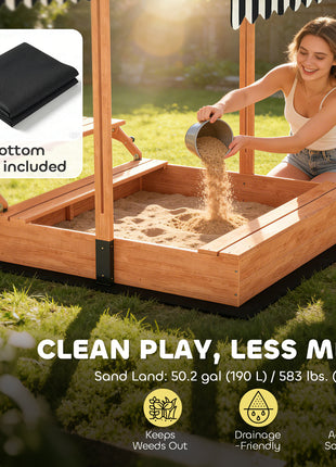 Kids Sandbox with Lid, Wooden Sand Pit with Canopy, Foldable Picnic Table, Bench Seats, Bottom Liner, Cover, Brown