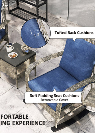 3 Piece Wicker Patio Furniture Set, Outdoor PE Rattan Rocking Chairs with Coffee Table, Cushions for Porch, Gray