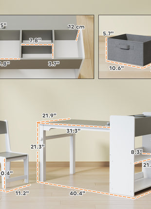 Kids Desk and Chair Set with Paper Roll, Kids Activity Craft Table with Storage Shelves and Drawers, Gray