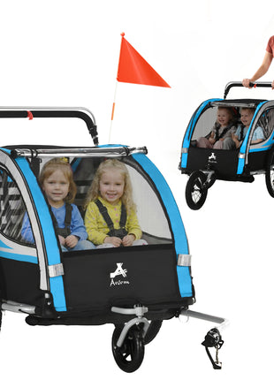 3-in-1 Bike Trailer for Kids, Running Stroller with 2 Seats, Jogging Cart with 5-Point Harness, Storage Units, Blue