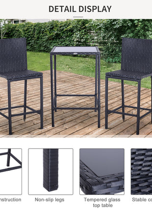 3 PCS Rattan Bar Set with Glass Top Table, 2 Bar Stools for Outdoor, Patio, Garden, Poolside, Backyard