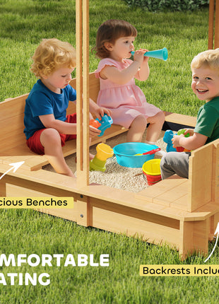 Wooden Kids Sandbox with Cover, Children Outdoor Sand Box with Foldable Bench Seats and Adjustable Canopy