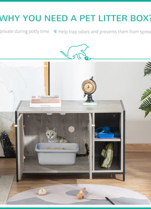 Large Wooden & Steel Cat Litter Box Enclosure, Kitten Washroom End Table, Indoor Hidden Cat House with Magnetic Doors & Storage Shelves, Gray
