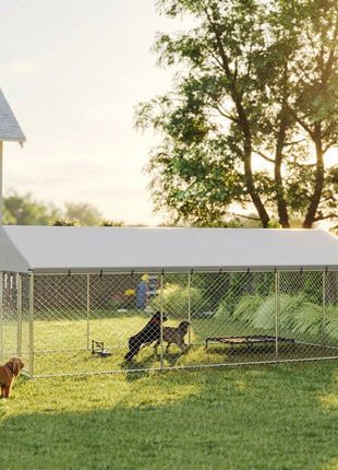 Heavy Duty Outdoor Dog Kennel with Waterproof Roof, 2 Secure Latches, Chain Link Dog Run for Backyard, 20' x 10' x 7'