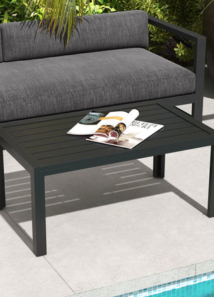 Outdoor Coffee Table, Rectangular Patio Side Table with Steel Frame and Slat Tabletop for Garden, Balcony, Black