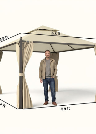 10' x 10' Steel Outdoor Patio Gazebo with Polyester Privacy Curtains, Two-Tier Roof for Air, Large Design
