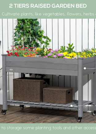 47" x 21" Raised Garden Bed Elevated Wooden Planter Box w/ Lockable Wheels, Storage Shelf for Backyard, Dark Gray
