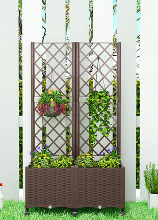 Planter Box with Trellis, Self Watering Raised Garden Bed with Lockable Wheels and Drainage Holes, Brown