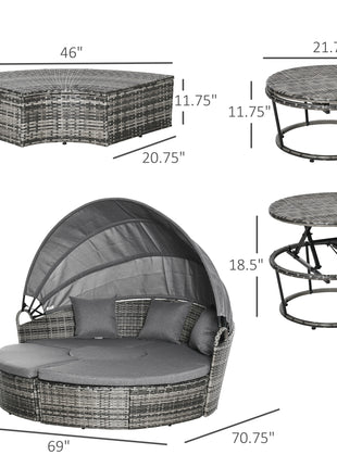 4 Piece Round Rattan Daybed, Convertible Patio Furniture Set, Adjustable Sun Canopy, Sectional Outdoor Sofa, 2 Chairs, Extending Tea Table Ottoman Chair, 3 Pillows, Gray