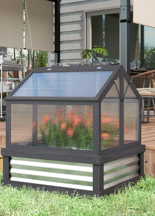 Raised Garden Flower Bed Kit with Greenhouse, Wooden Cold Frame Planter, 35.5" x 31.5" x 36", Gray