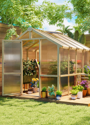 6.6 x 8 ft. Polycarbonate Greenhouse Wooden Walk-in Greenhouse Kit with Thickened Panels, Roof Vent, and Lockable Door