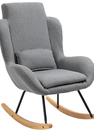 Modern Rocking Chair with Removable Lumbar Pillow Fabric Sofa Armchair with Thick Padding, Metal Frame, Wood Base for Living Room, Light Gray