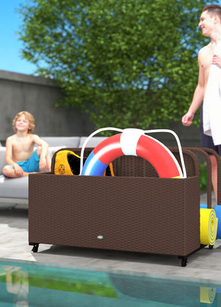 PE Rattan Pool Float Storage Organizer with Wheels, Brown