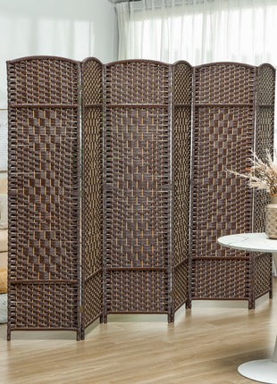 Folding Room Divider Screen 6 Panel 6' Tall Privacy Screen Freestanding Wood Partition for Home Office, Brown