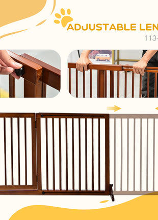 Freestanding Length Adjustable Wooden Pet Gate with Lockable Door 3 Panels, Brown
