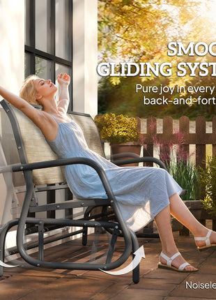 3-Person Outdoor Patio Glider Bench, Porch Glider Swing with 3 Seats, Breathable Mesh Fabric, Metal Frame, Brown