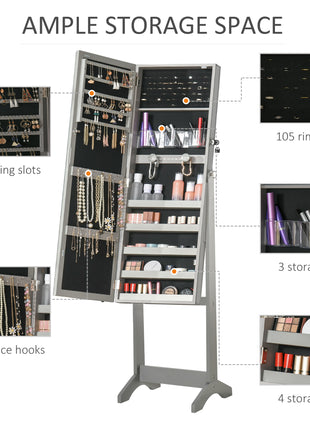Floor Standing Jewelry Cabinet with LED Light, Lockable Jewelry Organizer with Full-Length Mirror, and 4 Adjustable Angles, Grey