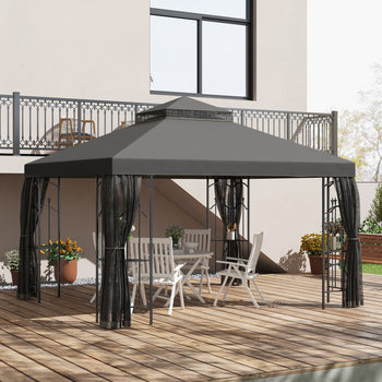 10x12 Gazebo with Shelves, Double Roof, and Netting for Outdoor Use, Perfect for Family Gatherings, Gray
