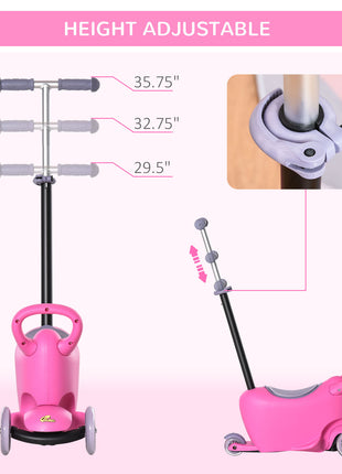 3-in-1 Ride On Push Car, Kids Scooter, Sliding Walker, Push Rider, with Adjustable Handlebar, 3 Balanced Wheels, Removable Storage Seat, for Boys and Girls Aged 2-6 Years Olds, Pink