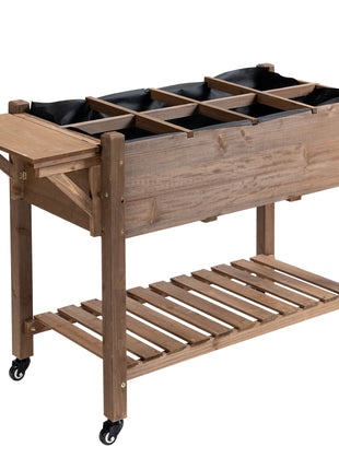 Wooden Garden Box, 34.25H with 8 Pockets and Lockable Wheels, Foldable Side Clapboard, Elevated and Self-Draining Design, to Grow Herbs, Vegetables, and Flowers, Brown