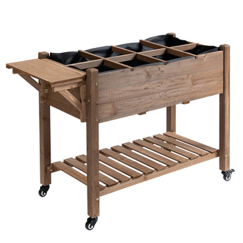 Wooden Garden Box, 34.25H with 8 Pockets and Lockable Wheels, Foldable Side Clapboard, Elevated and Self-Draining Design, to Grow Herbs, Vegetables, and Flowers, Brown