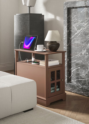 Narrow Side Table End Table with Charging Station, USB Ports, Modern End Table with Storage for Living Room, Brown
