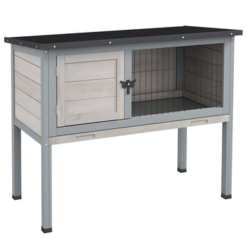 Elevated Rabbit Hutch, Wooden Bunny Cage with Hinged Asphalt Roof and Removable Tray, for Indoor/Outdoor, Gray