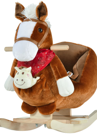 Kids Ride-On Rocking Horse Toy, Rocker with Lullaby Song, Hand Puppets & Soft Plush Fabric for Children 18-36 Months, Brown