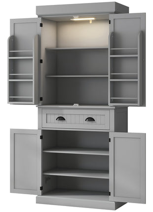 71" Kitchen Pantry Cabinet with LED Lights, 6 Door Shelves, a Drawer and 4 Adjustable Shelves, Gray