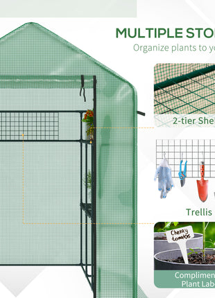 7' x 5' x 6' Walk-in Greenhouse for Outdoors with Mesh Door and Windows, 18 Shelf Hot House with Trellis, Plant Labels, UV Protective for Growing Flowers, Herbs, Vegetables, Saplings, Green