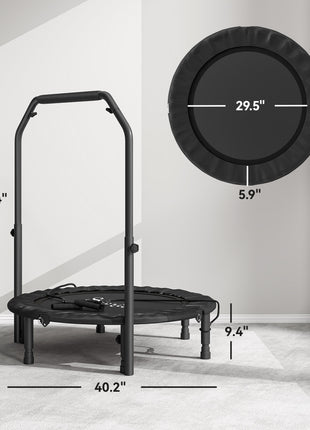40" Foldable Mini Trampoline, Rebounder Trampoline for Adults with Adjustable Foam Handle, Black