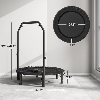 40" Foldable Mini Trampoline, Rebounder Trampoline for Adults with Adjustable Foam Handle, Black