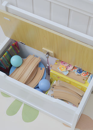 2-in-1 Kids Wooden Toy Organizer Chest Storage Box with Seat Bench Cabinet Chunk Cube with Safety Pneumatic Rod White