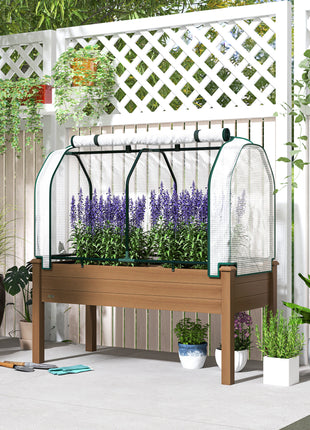 Raised Garden Bed with PE Greenhouse Cover Outdoor Planter Box for Herbs and Vegetables, 48 x 22 x 46 inch, Brown