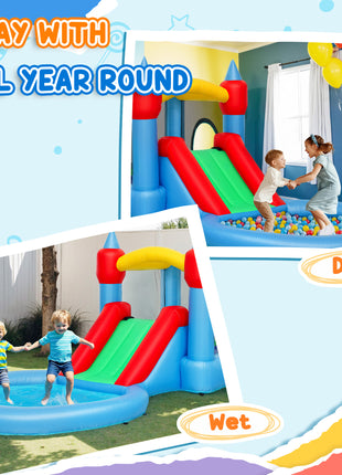 4 in 1 Inflatable Bounce House with Slide, Basketball Hoop, Ball Pit, 370W Blower, Storage Bag, 163" x 81" x 75"
