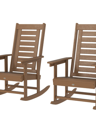 2 Pieces Outdoor Rocking Chairs, HDPE Patio Rockers with 28" High Back, Wide Armrests for Porch Backyard, Brown