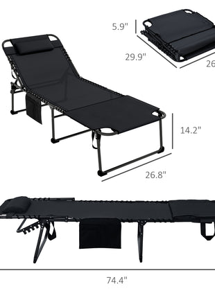 2 Piece Folding Chaise Lounge Pool Chairs with 5-level Reclining Back, Reading Hole, Side Pocket, Black