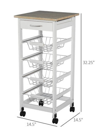 Mobile Kitchen Cart, Rolling Kitchen Island with Storage, Solid Wood Frame Utility Cart with Wire Fruit Baskets and Drawer, White