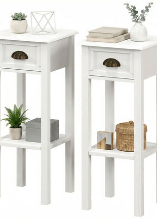2-Tier Side Tables Set of 2 with Drawer and Shelf, 2 Pieces End Tables for Living Room and Hallway, White
