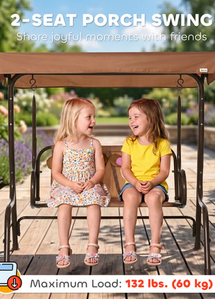 Kids Patio Swing, 2-Seater Outdoor Swing Chair with Adjustable Canopy and Safety Belt, Monkey Pattern Hanging Swing Bench for Garden or Backyard, Coffee