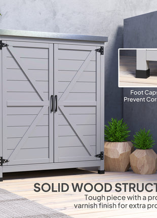 Wooden Storage Cabinet, Outdoor Prep Table with Metal Tabletop, Shelves and Double Doors for Patio, Garden, Gray
